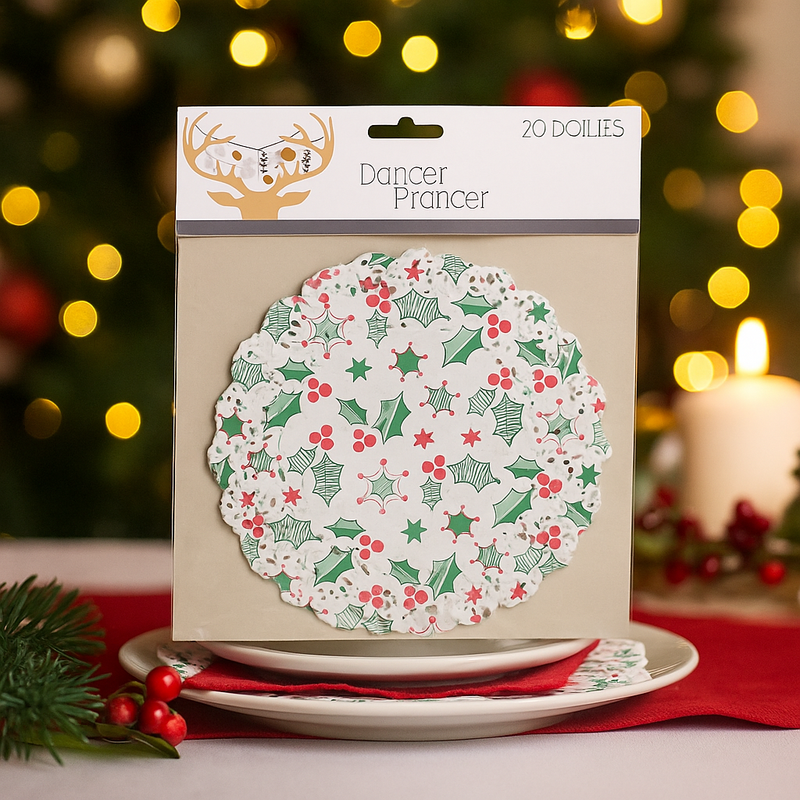 Printed Mistletoe paper doilies 16cm round, 20-pack, for Christmas table settings