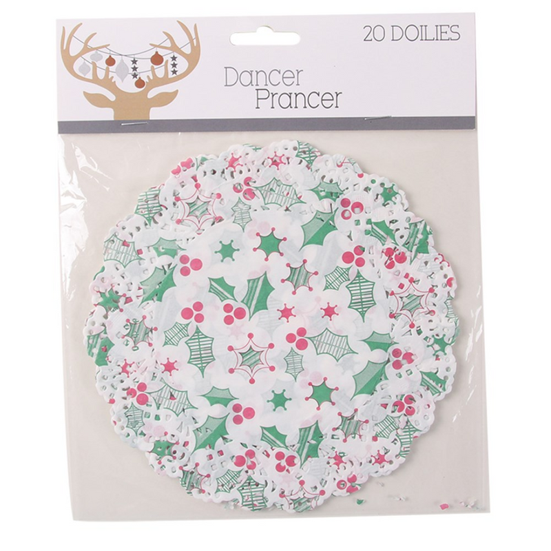 Printed Mistletoe paper doilies 16cm round, 20-pack, for Christmas table settings