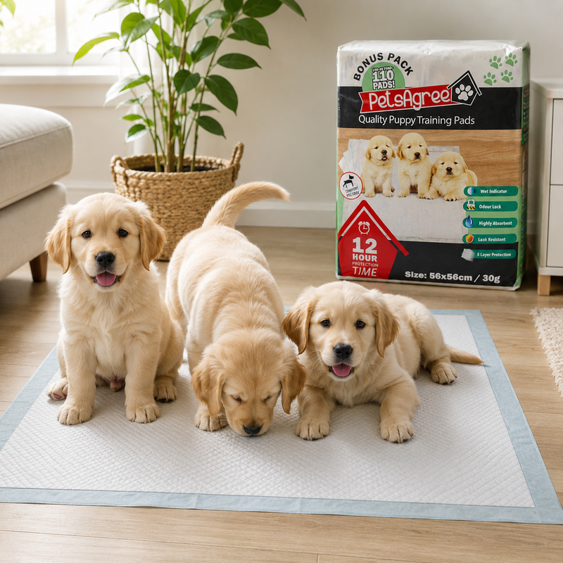 Pack of 110 puppy pads with dog paw wet indicator, measuring 56 x 56cm with absorbent SAP core.
