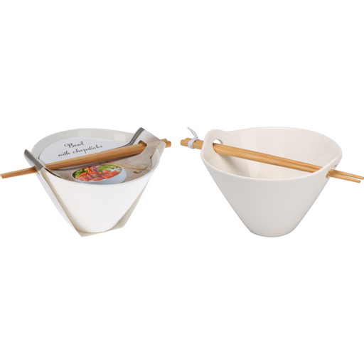 noodle bowl with chopsticks measuring 17 x 16 x 10.6cm
