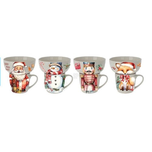 Porcelain bowl and mug giftable set, four assorted seasonal designs
