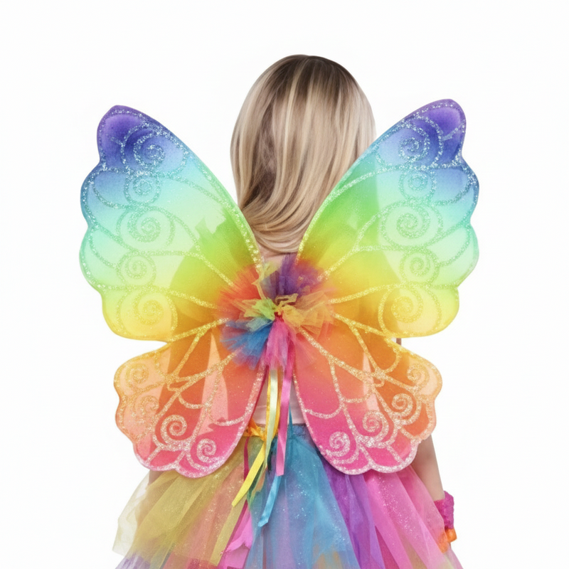 Person wearing colorful butterfly wings with a white background. Rainbow Fairy Wings