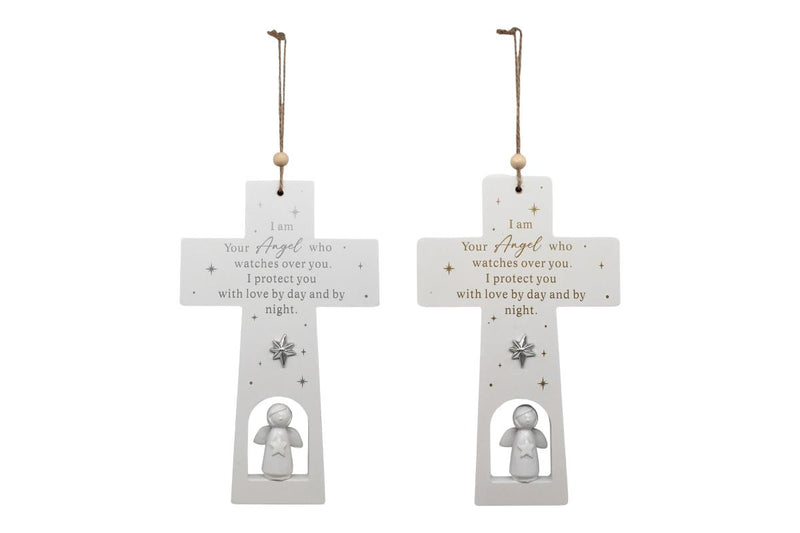 Hanging cross plaque with angel design 24x15cm