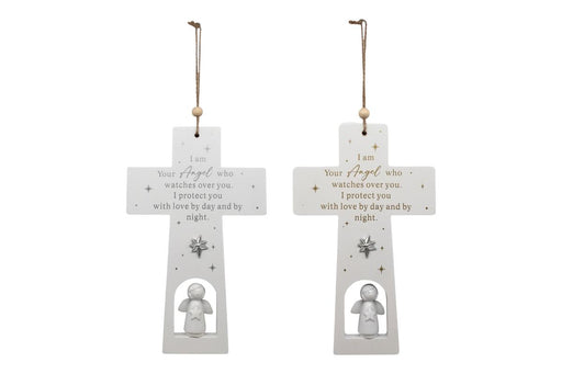 Hanging cross plaque with angel design 24x15cm