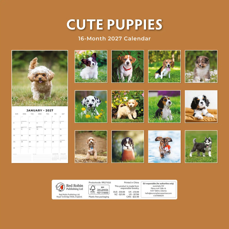2027 Square Wall Calendar Cute Puppies image 2