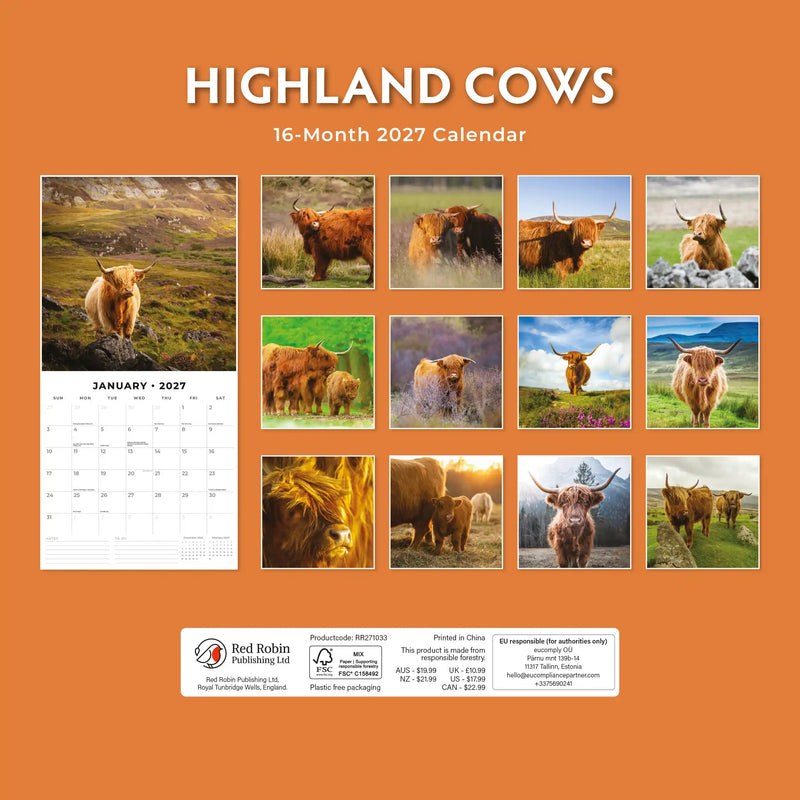 2027 Square Wall Calendar Highland Cows image 2