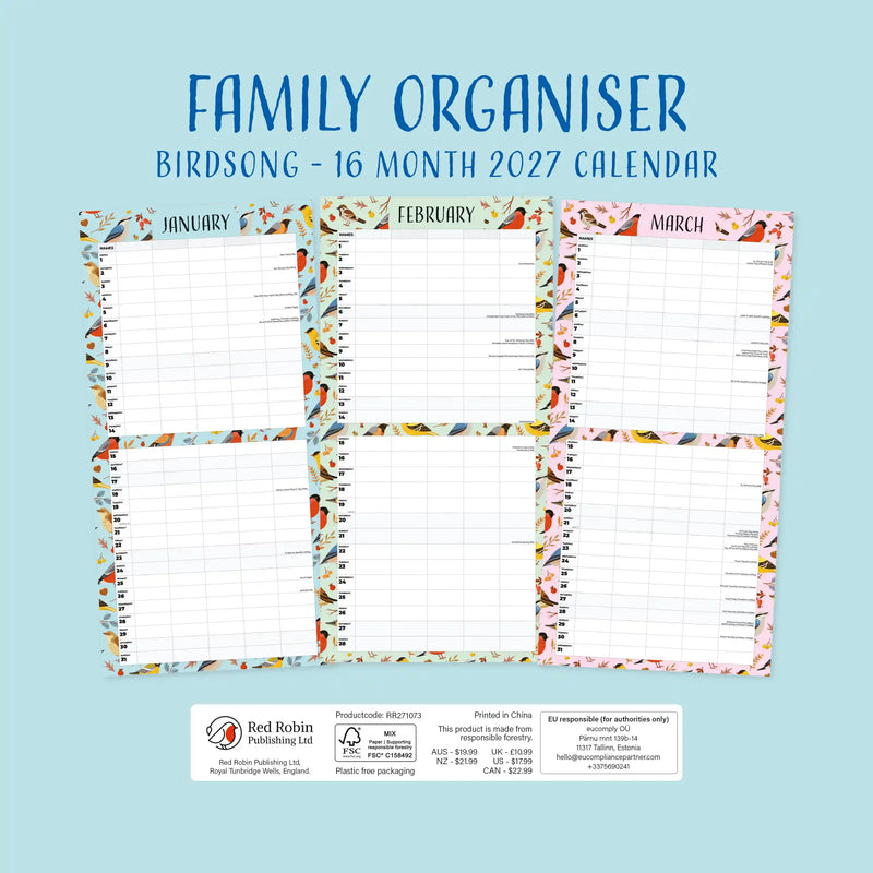 2027 Square Wall Calendar Family Organiser - Birdsong image 2