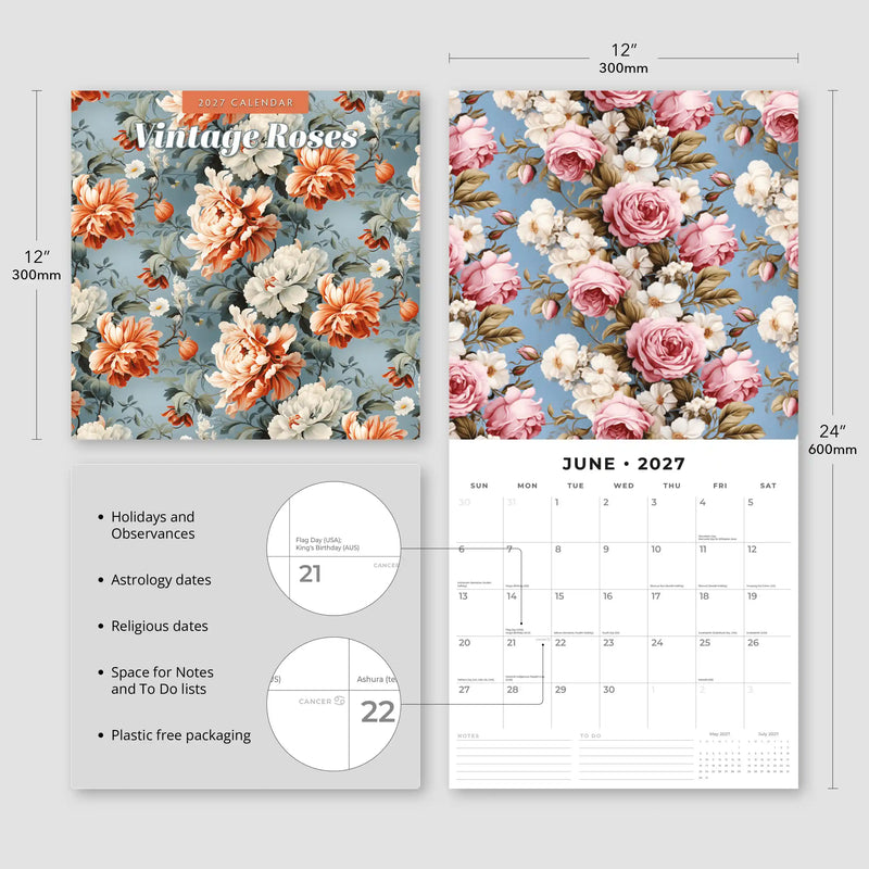 2027 Square Wall Calendar Vintage Roses image 3