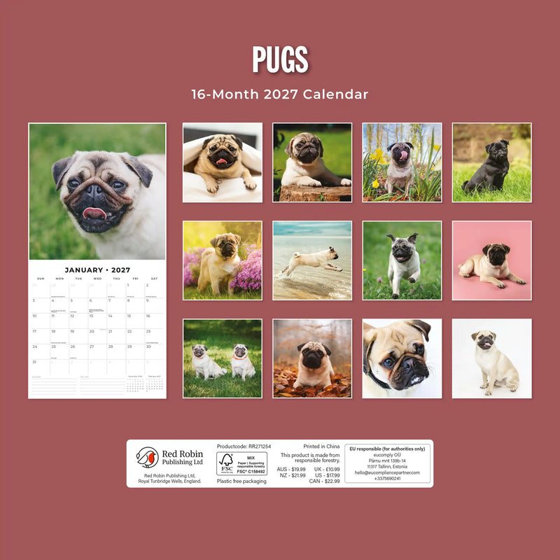 2027 Square Wall Calendar Pugs image 2