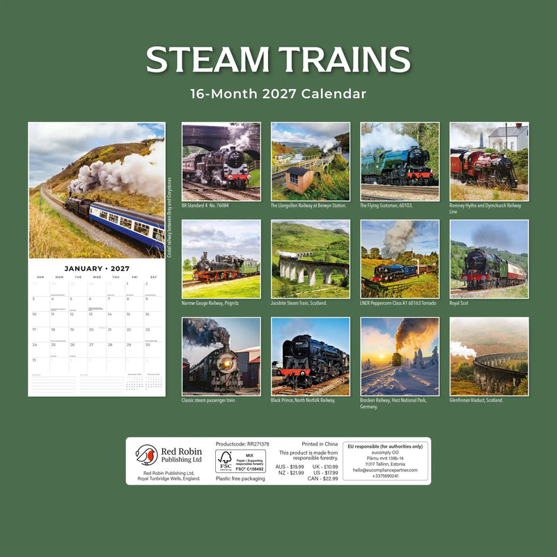 2027 Square Wall Calendar Steam Trains image 2