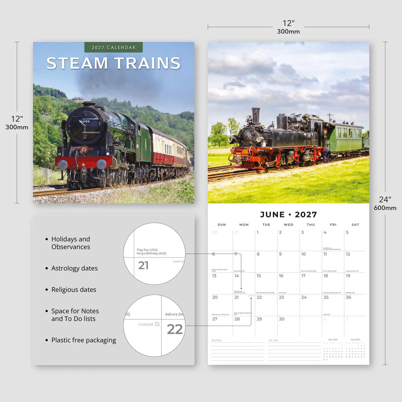 2027 Square Wall Calendar Steam Trains image 3