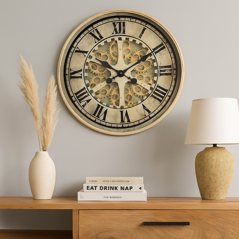 Ragnar 60cm gold wall clock with exposed gears and Roman numerals