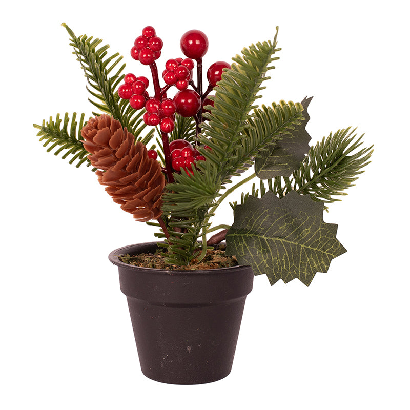 17cm red berry pot with green foliage – festive tabletop Christmas decoration for home or office