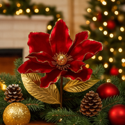 Artificial red magnolia with gold leaves 62cm Christmas floral decoration stem