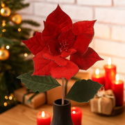 Artificial 3 red magnolia stem with green leaves 73cm Christmas floral decoration