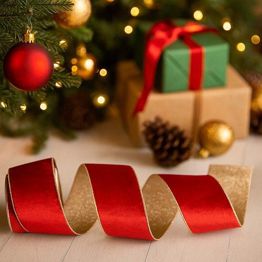 Red Velour Ribbon with Champagne Glitter Backing and Wire Edge 10cmx10m