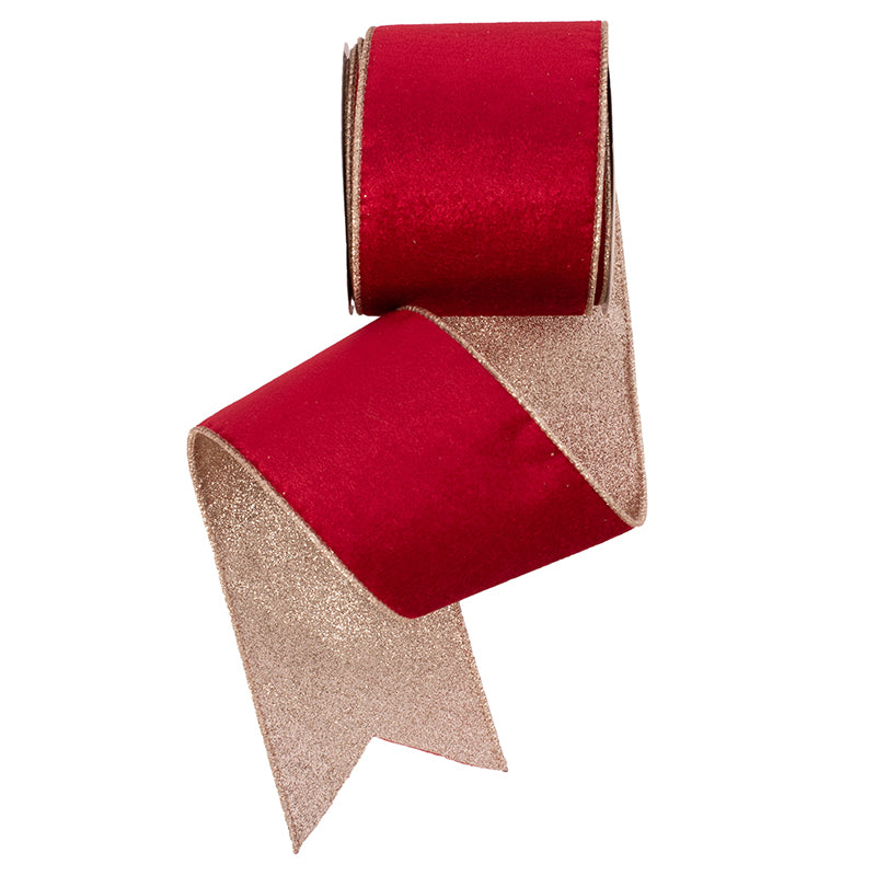 Red Velour Ribbon with Champagne Glitter Backing and Wire Edge 10cmx10m