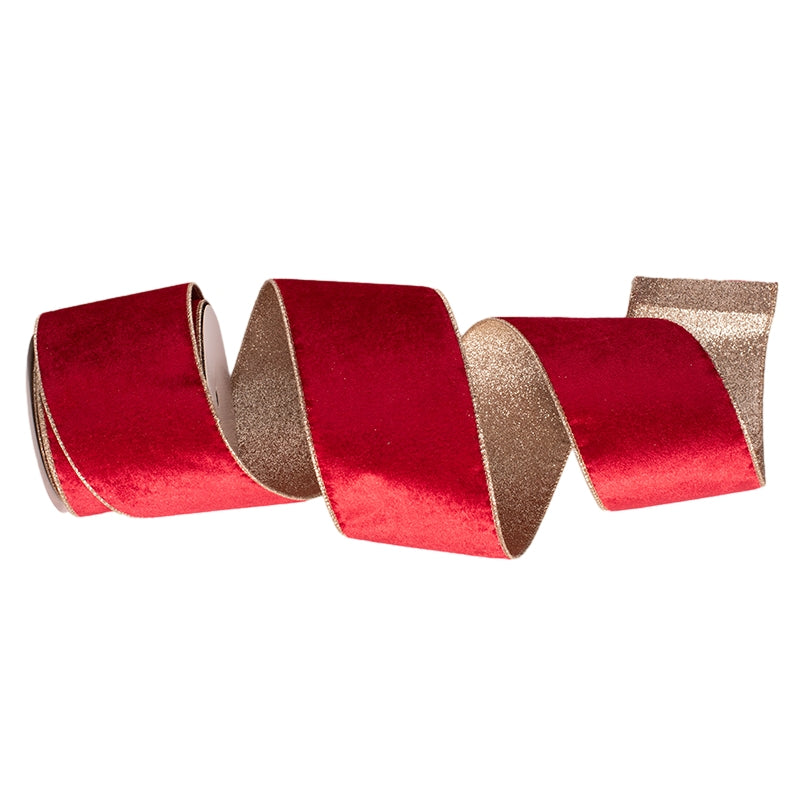 Red Velour Ribbon with Champagne Glitter Backing and Wire Edge 10cmx10m