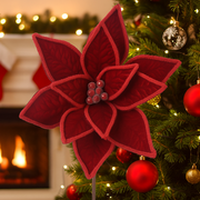Red velvet poinsettia with rope detail 30cm diameter flower on 50cm stem Christmas decoration