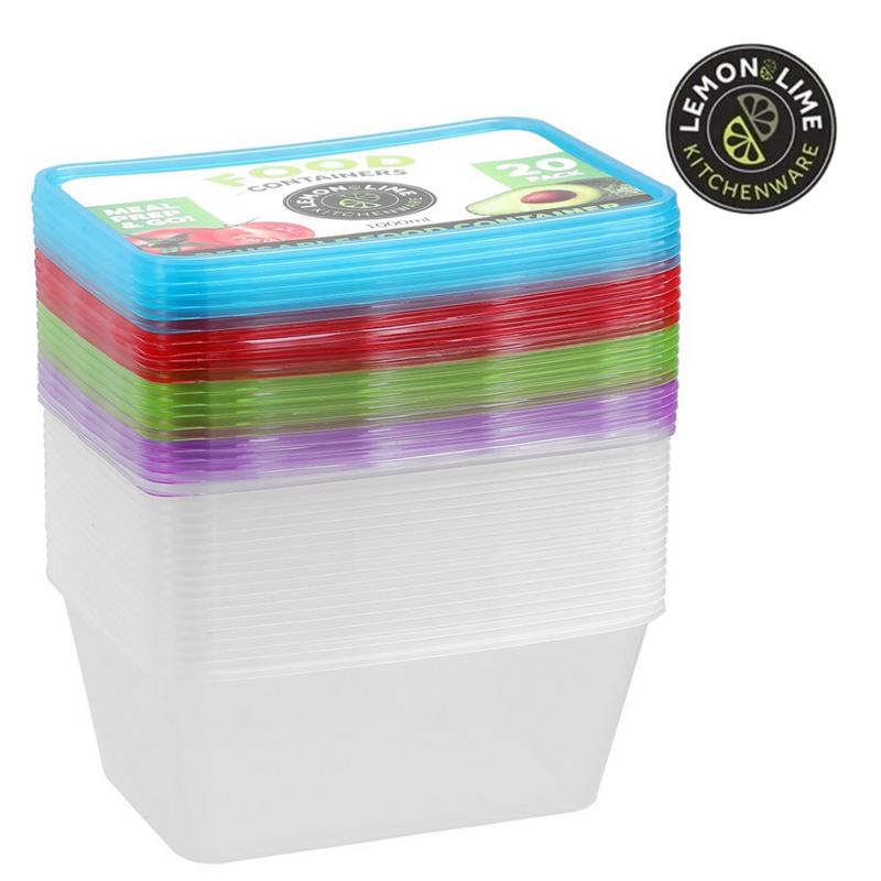 Ronis Reusable Food Container Coloured Lids 1L 20pk