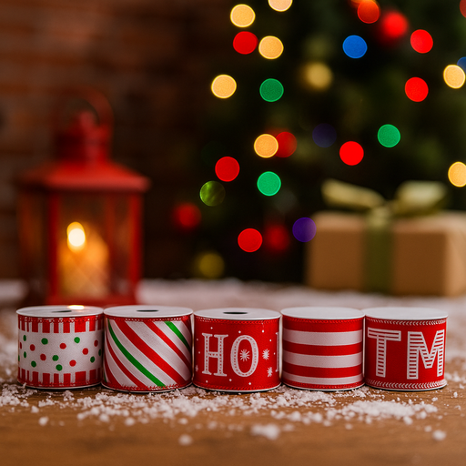 Assorted Christmas ribbon with candy cane designs – 5x270cm festive red, white, and green patterns