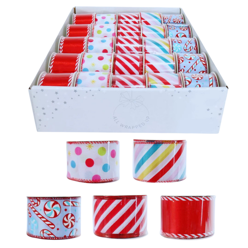 Assorted Candyland-themed Christmas ribbon – 5x270cm with festive sweets and bright holiday patterns