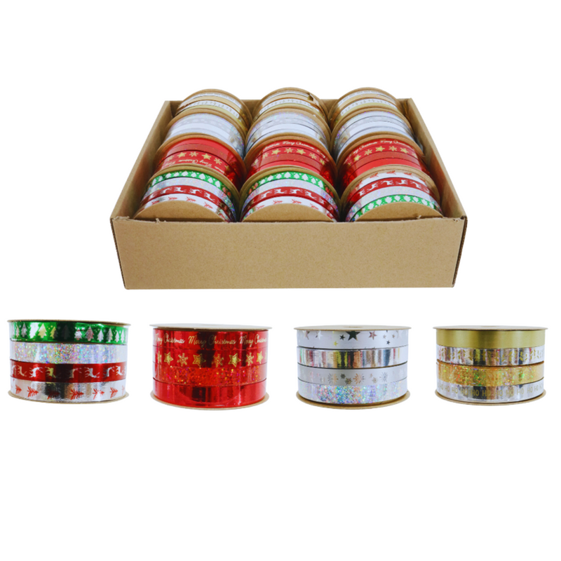 Assorted foil ribbon spools with festive mix designs, 50cm each