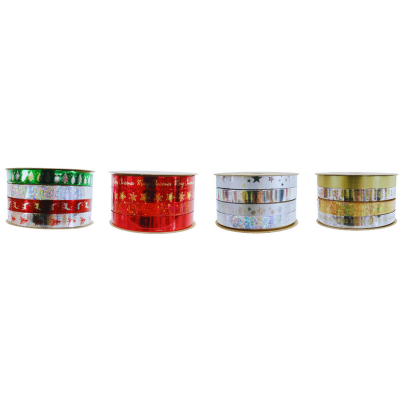 Assorted foil ribbon spools with festive mix designs, 50cm each