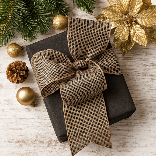 Black ribbon with champagne glitter 10cm x 10m for Christmas and event decorating