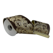 Ronis Ribbon with Gold Leaf Embroidered Design 10x500cm Chocolate Velvet