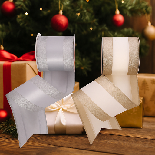 Assorted ribbon with matching glitter edging 10x1000cm roll for gift wrapping and decorations