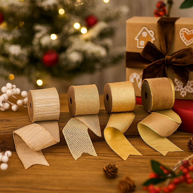 Elegant wired ribbon in assorted champagne finishes for festive use