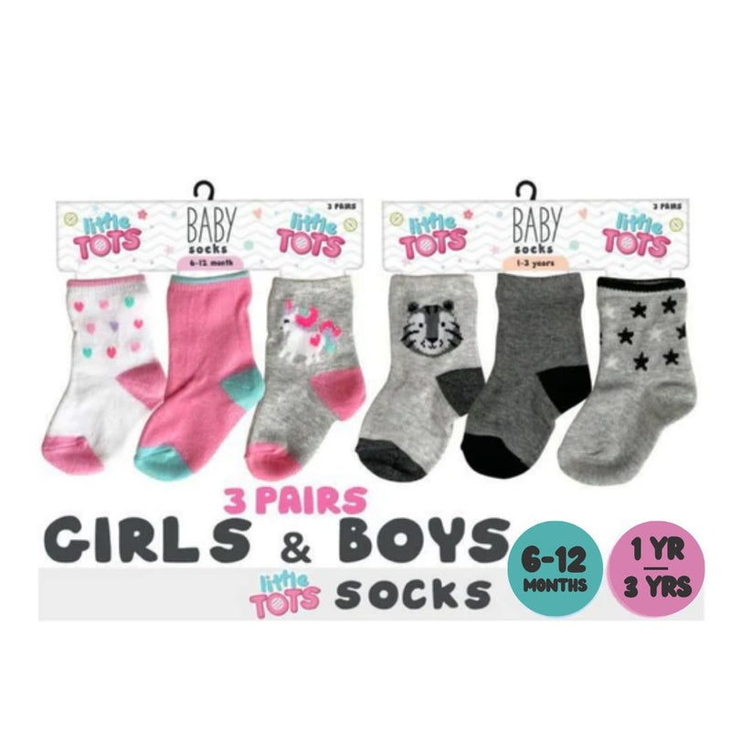Baby Crew Socks 3 Pairs 6-12m and 1m-3yrs old Assorted