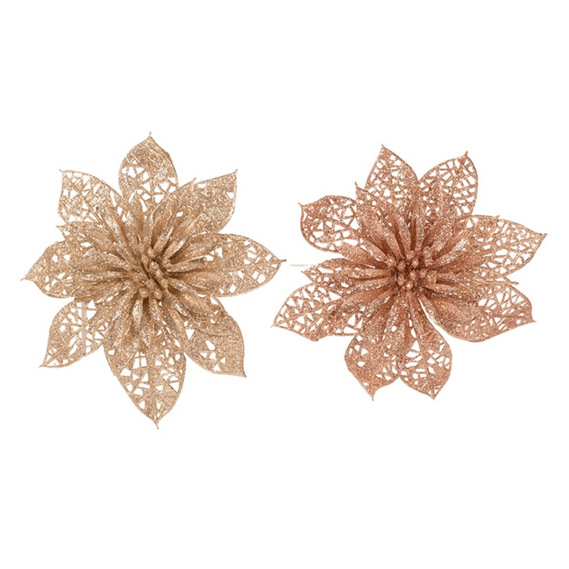 Set of two 13cm rose gold and champagne poinsettia ornaments with clips, ideal for festive decorating.