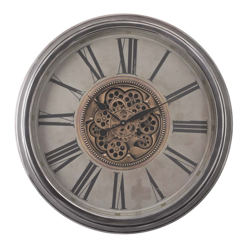 Oversized 82.5cm round wall clock in silver and washed beige with antique Roman numerals and exposed gears