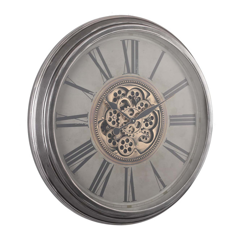 Oversized 82.5cm round wall clock in silver and washed beige with antique Roman numerals and exposed gears