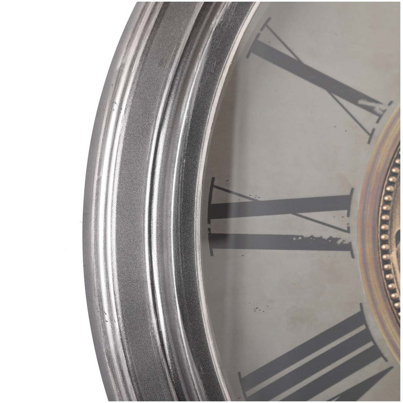 Oversized 82.5cm round wall clock in silver and washed beige with antique Roman numerals and exposed gears