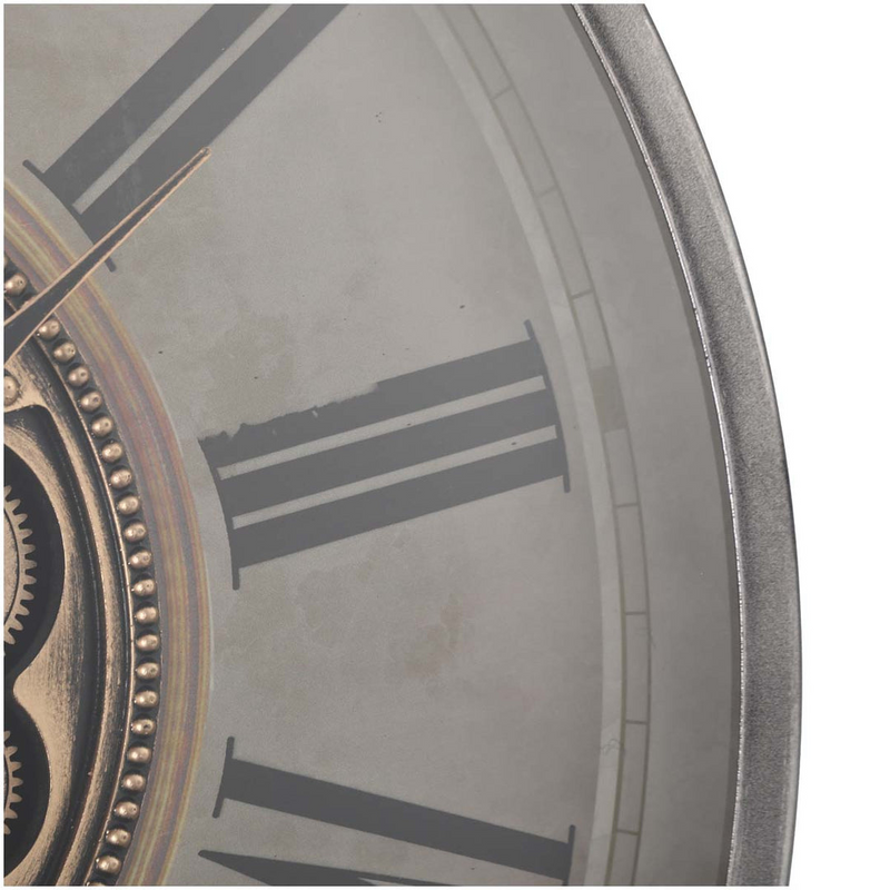 Oversized 82.5cm round wall clock in silver and washed beige with antique Roman numerals and exposed gears