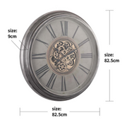Oversized 82.5cm round wall clock in silver and washed beige with antique Roman numerals and exposed gears