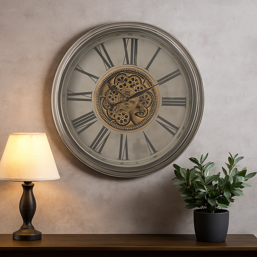 Oversized 82.5cm round wall clock in silver and washed beige with antique Roman numerals and exposed gears