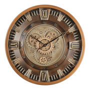 46cm bronze round industrial wall clock with exposed moving cogs and Roman numeral display