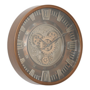 46cm bronze round industrial wall clock with exposed moving cogs and Roman numeral display