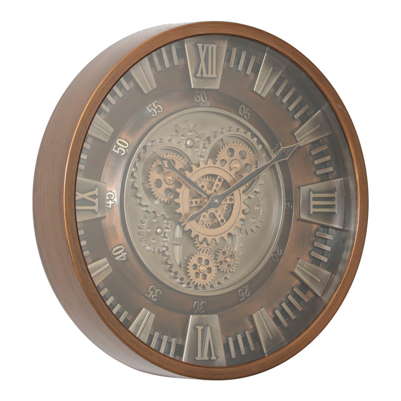 46cm bronze round industrial wall clock with exposed moving cogs and Roman numeral display
