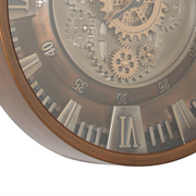 46cm bronze round industrial wall clock with exposed moving cogs and Roman numeral display