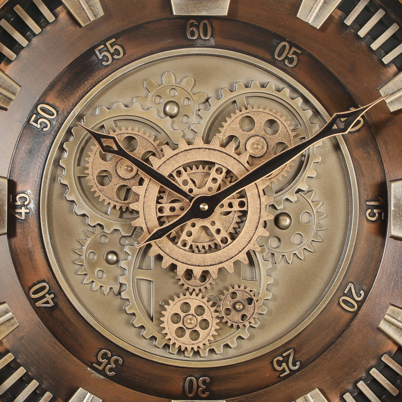 46cm bronze round industrial wall clock with exposed moving cogs and Roman numeral display