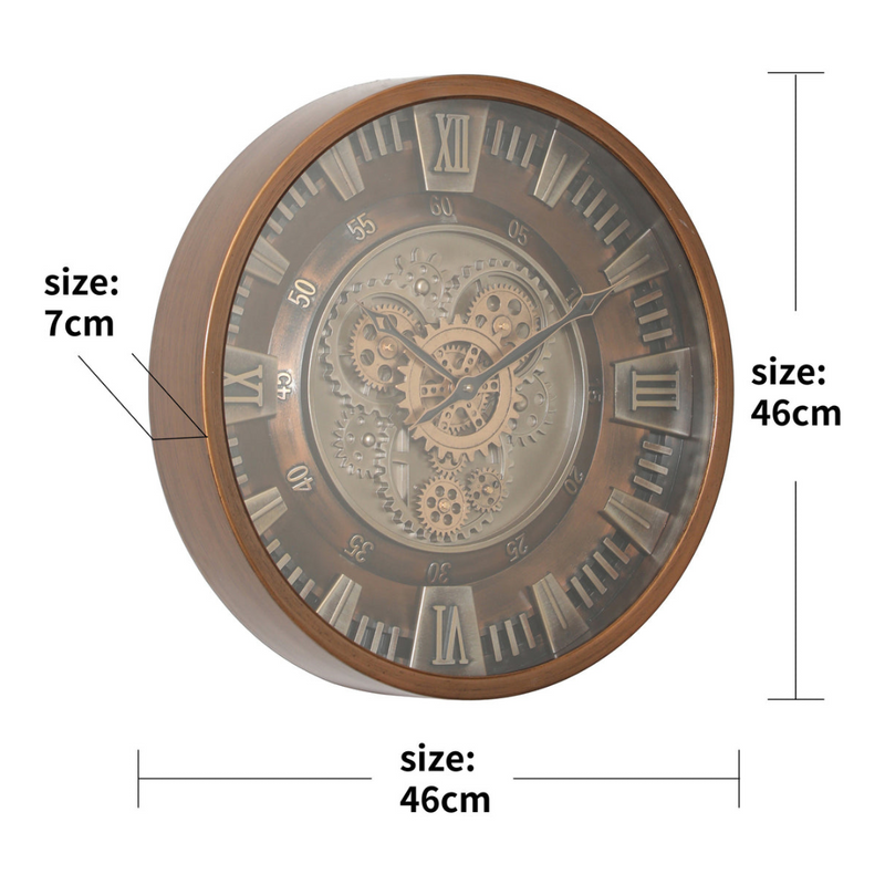 46cm bronze round industrial wall clock with exposed moving cogs and Roman numeral display