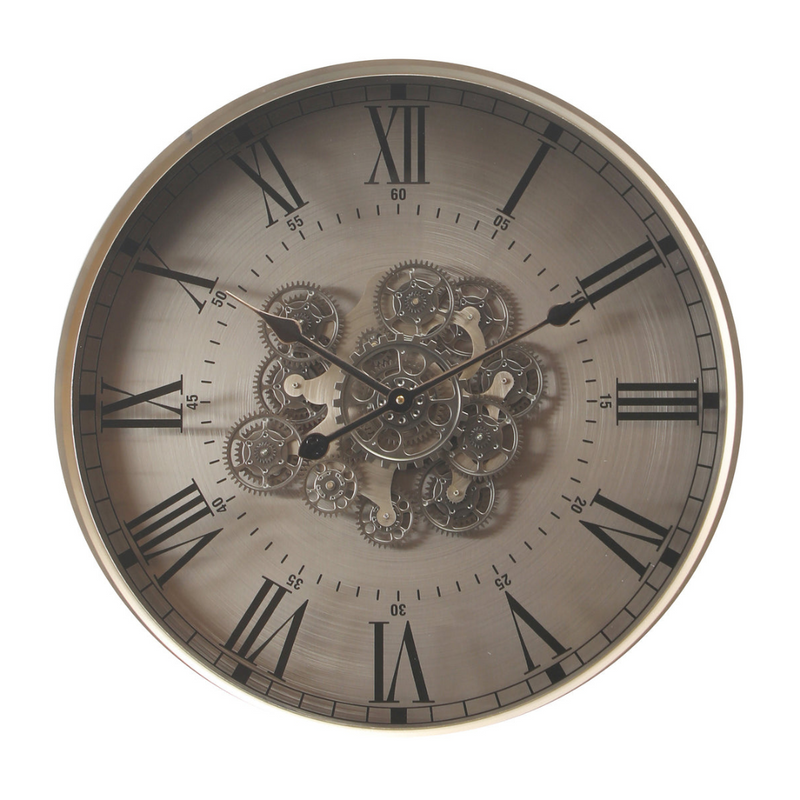 Round Birmingham Industrial Wall Clock 60cm with Moving Cogs in Silver Wash Finish