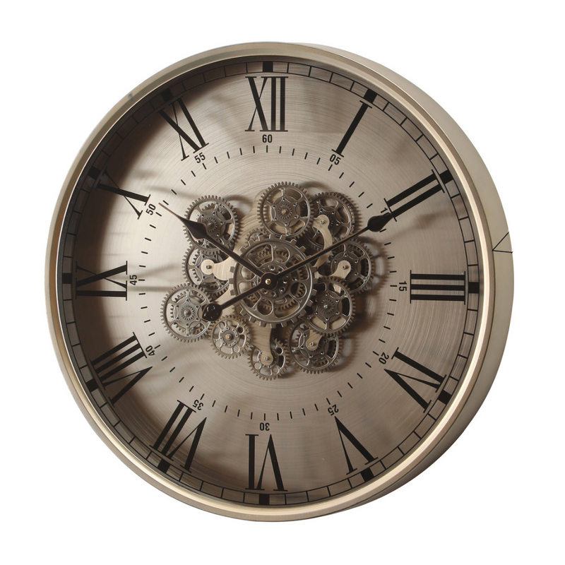 Round Birmingham Industrial Wall Clock 60cm with Moving Cogs in Silver Wash Finish