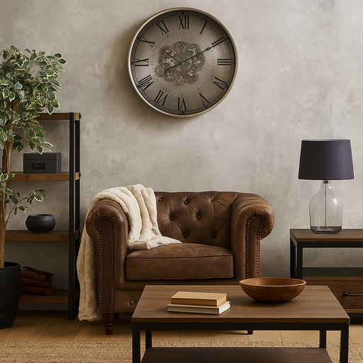 Round Birmingham Industrial Wall Clock 60cm with Moving Cogs in Silver Wash Finish