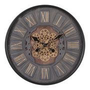 60cm black industrial round wall clock with exposed gold moving cogs and Roman numeral display